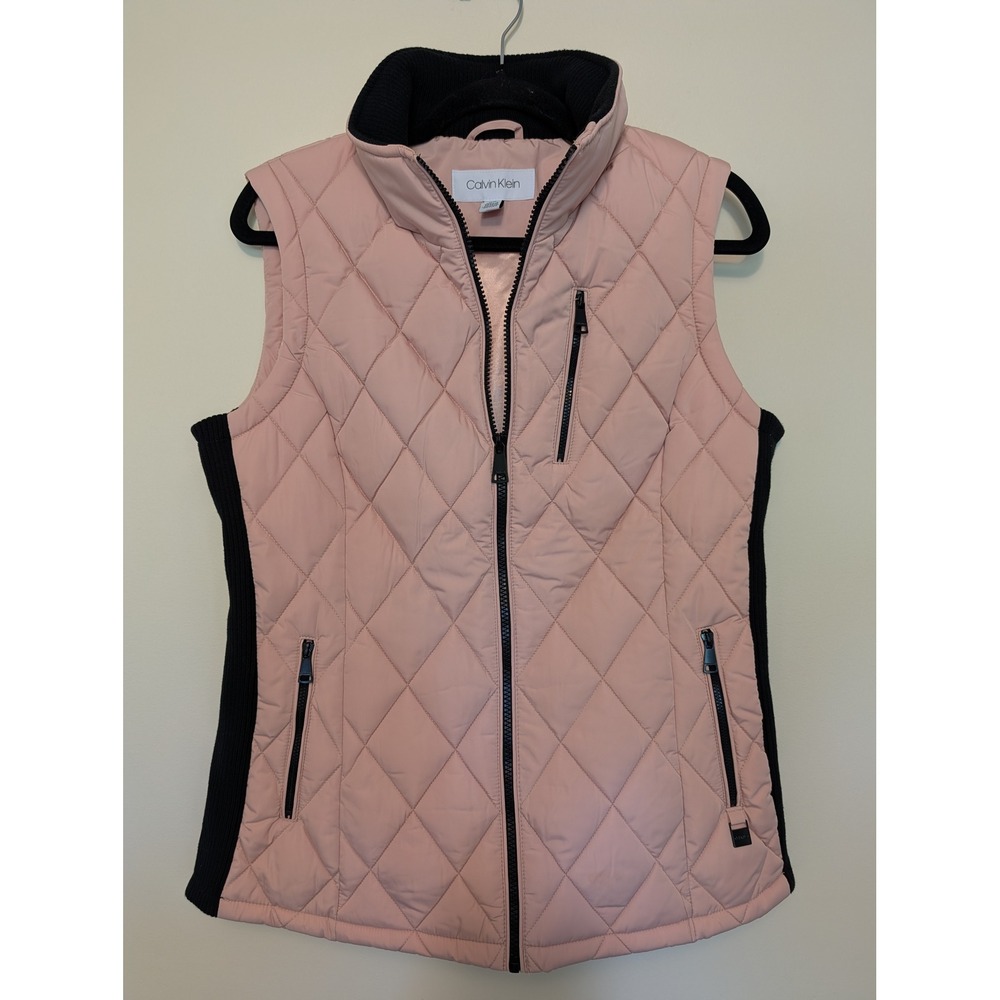 Calvin Klein Quilted Puffer Vest Blush Pink Womens M Full Zip Stretch Panels